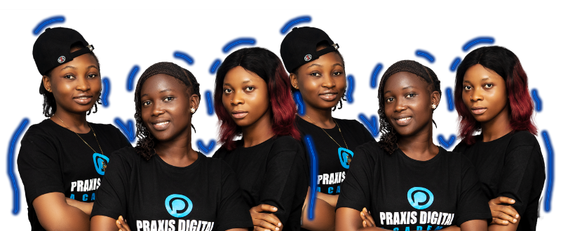 Praxis Digital Academy students in branded shirts